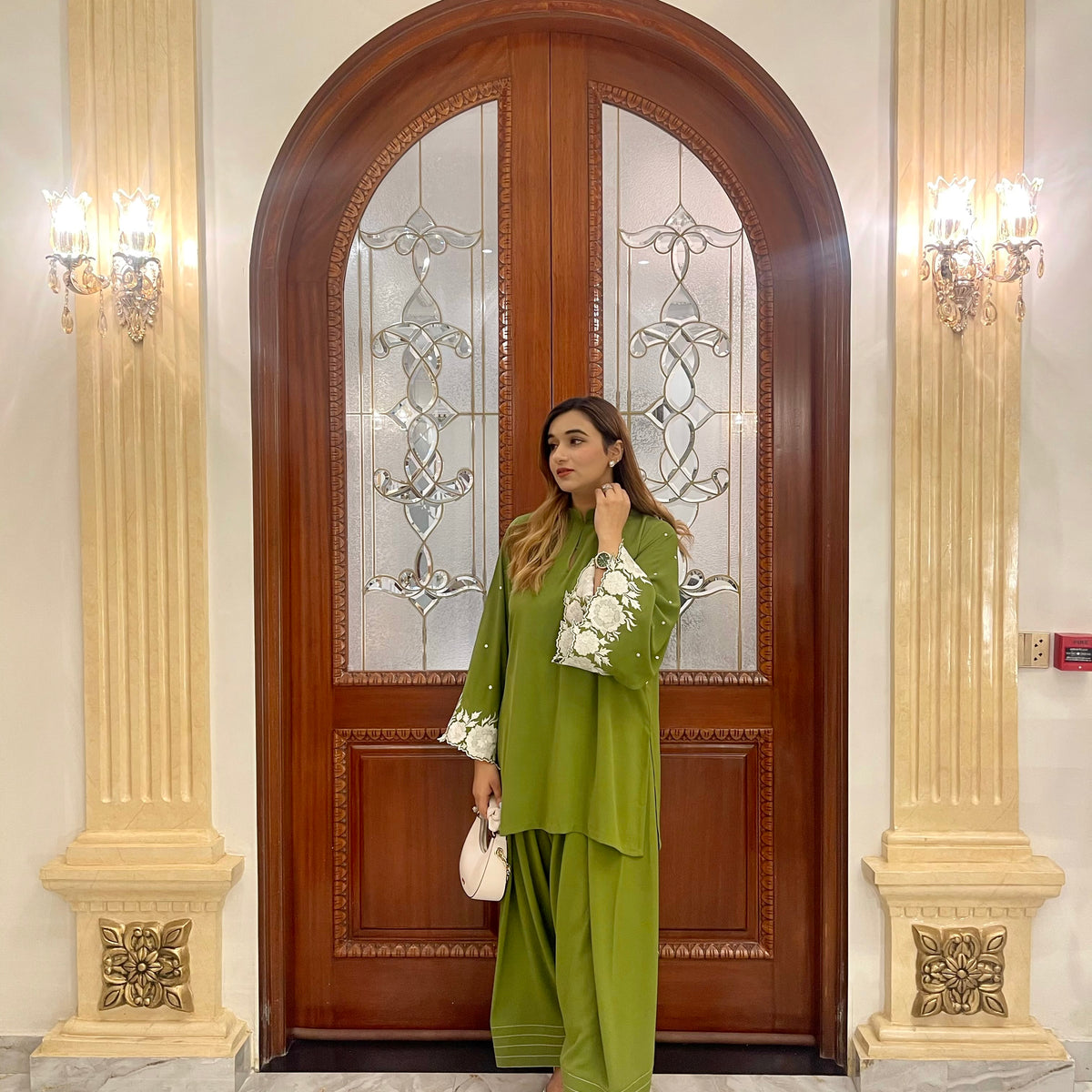 Moss Green Embroidered Shirt with Farshi Shalwar – Momina Ammar