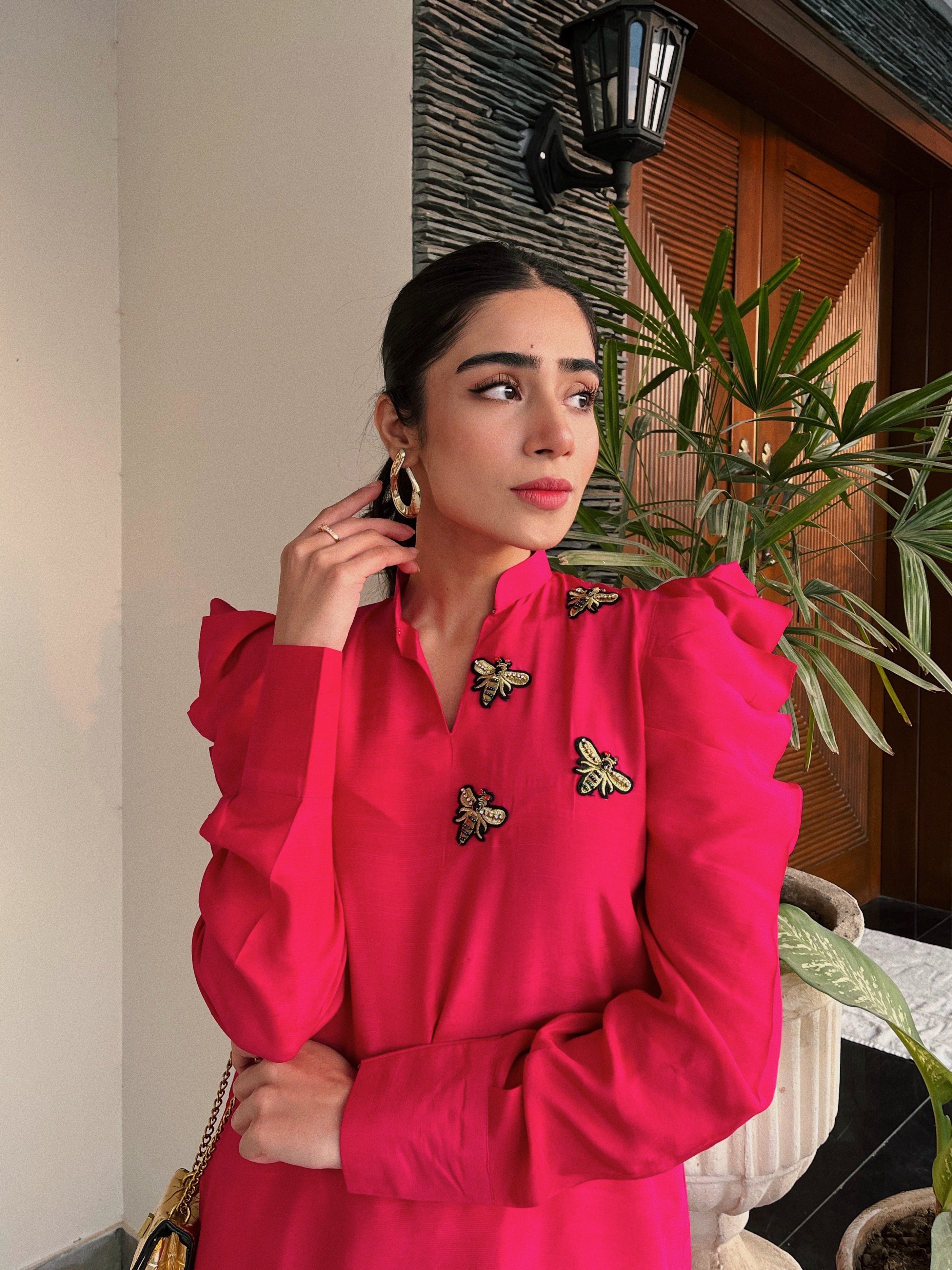 Pink Puffy Sleeves Raw Silk Momina Ammar