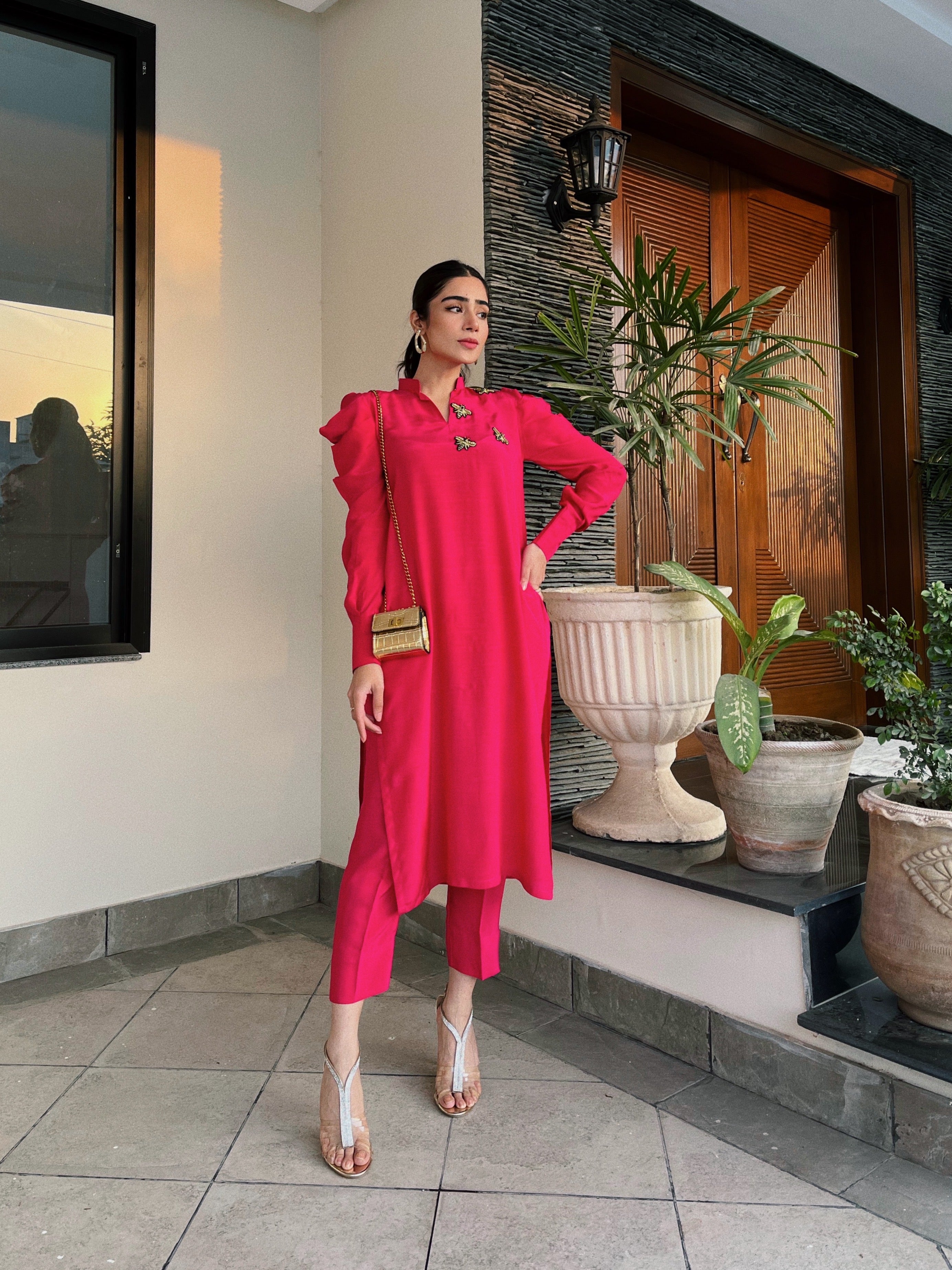 Pink Puffy Sleeves Raw Silk Momina Ammar