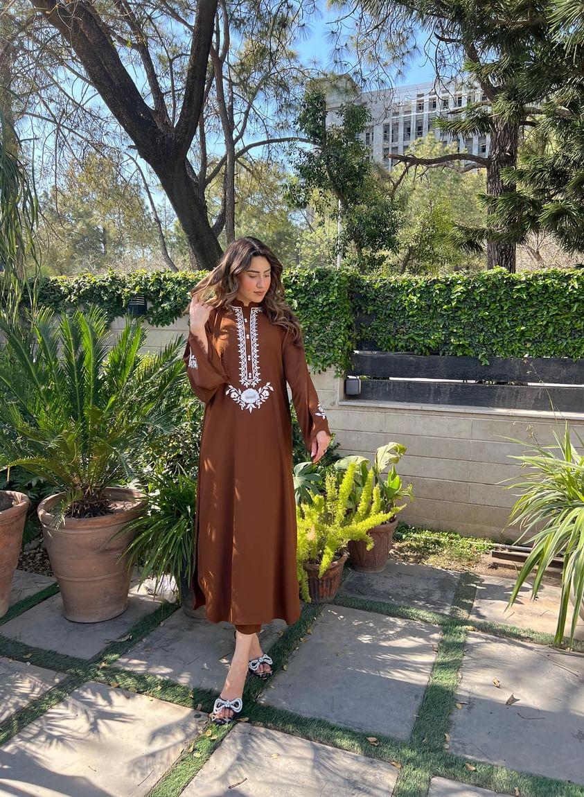 Dark Brown Embroidered two pc Momina Ammar