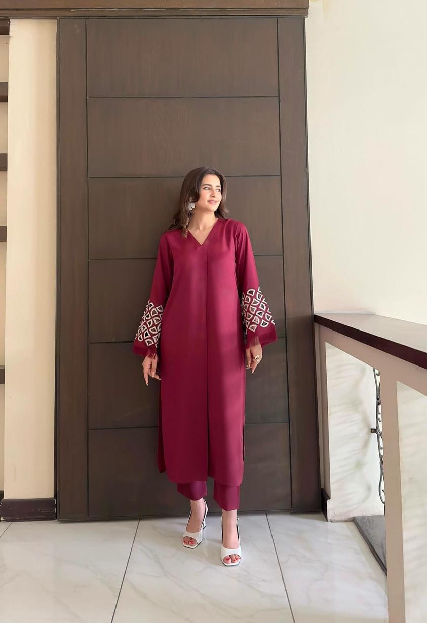 Burgundy Maroon Embroidered two pc Momina Ammar