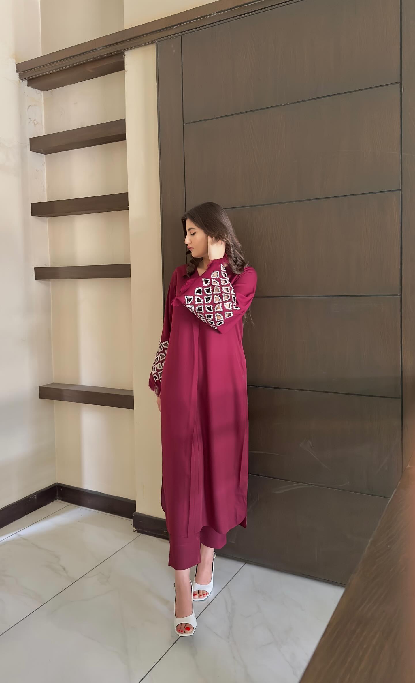 Burgundy Maroon Embroidered two pc Momina Ammar