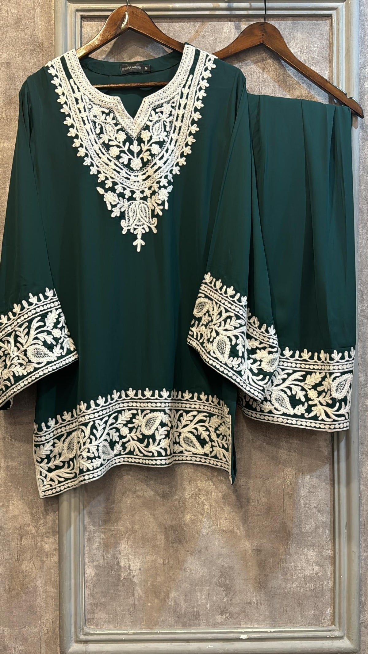 White Bottle green Embroidered set