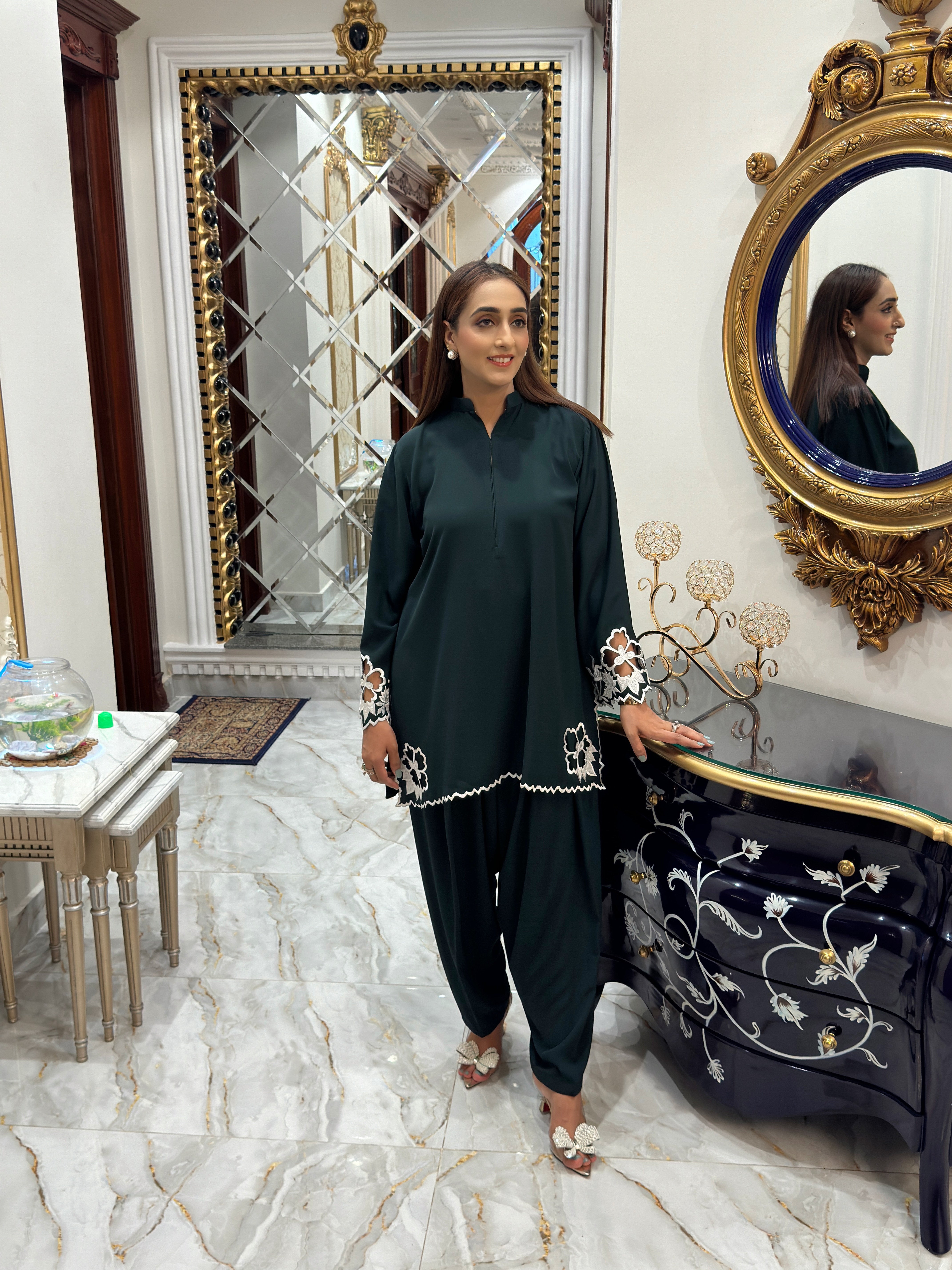 Co-ord Dark Green Embroidered Momina Ammar