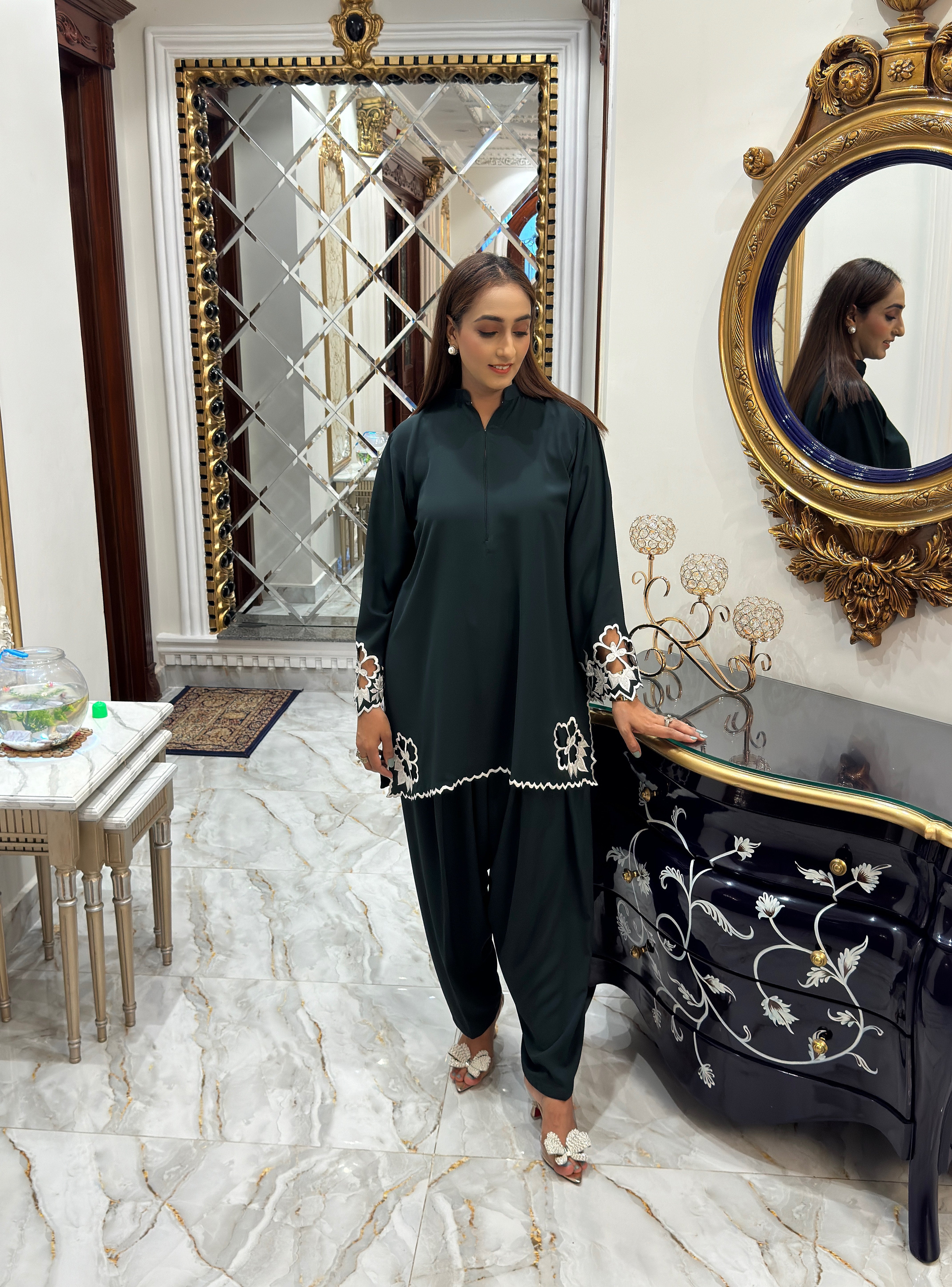 Co-ord Dark Green Embroidered Momina Ammar
