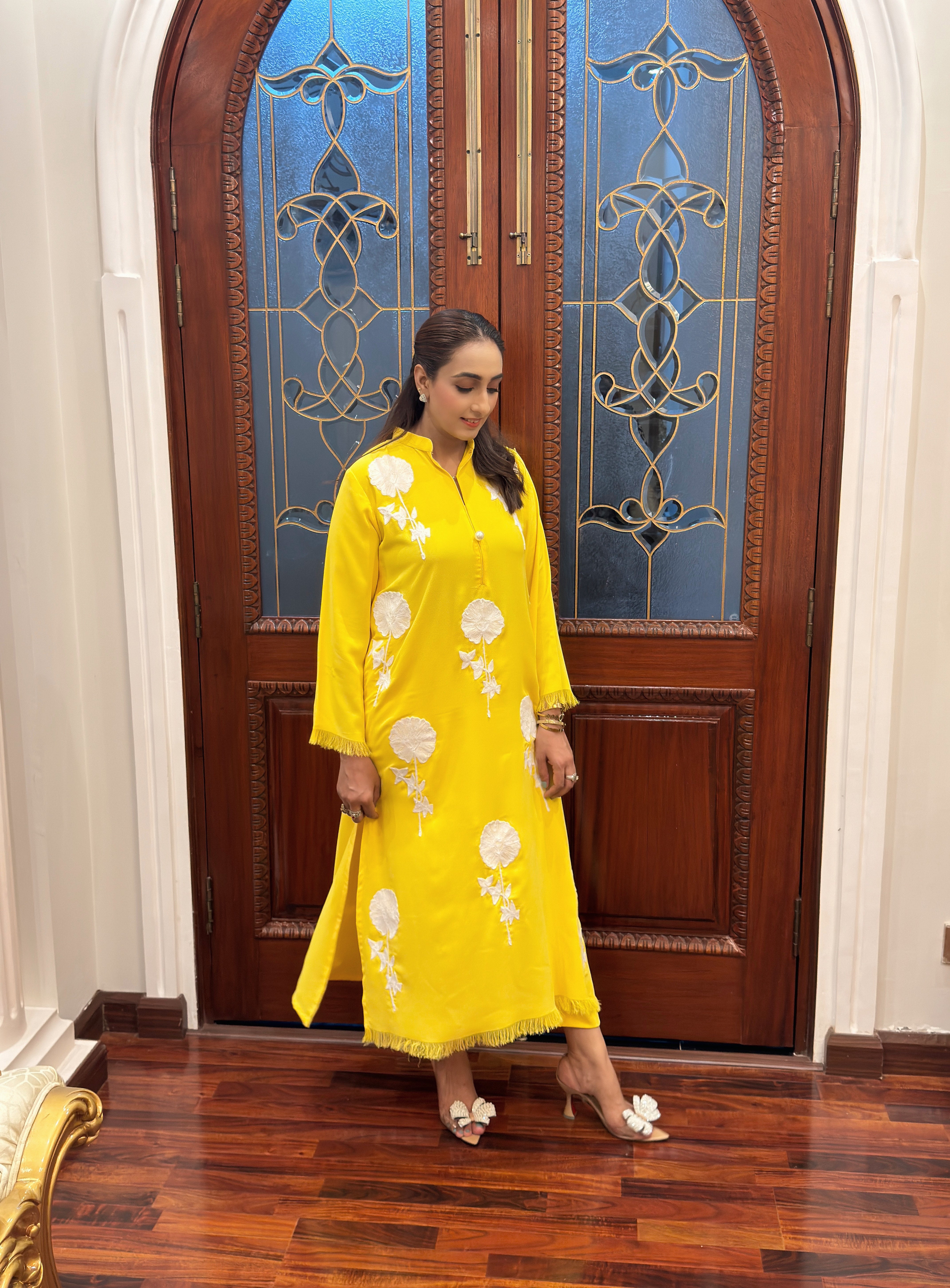 Yellow Flower embroidered two pc Momina Ammar