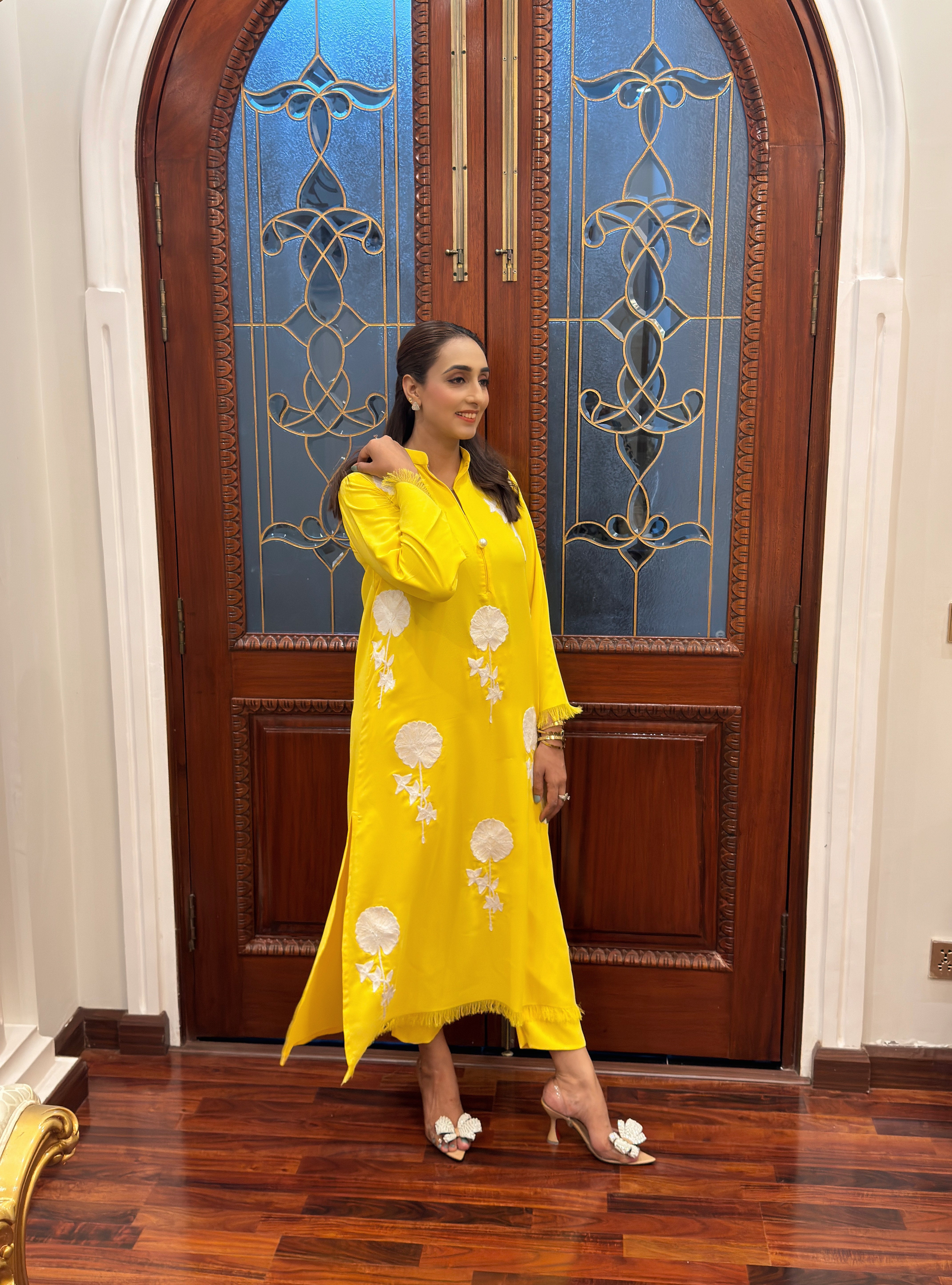 Yellow Flower embroidered two pc Momina Ammar