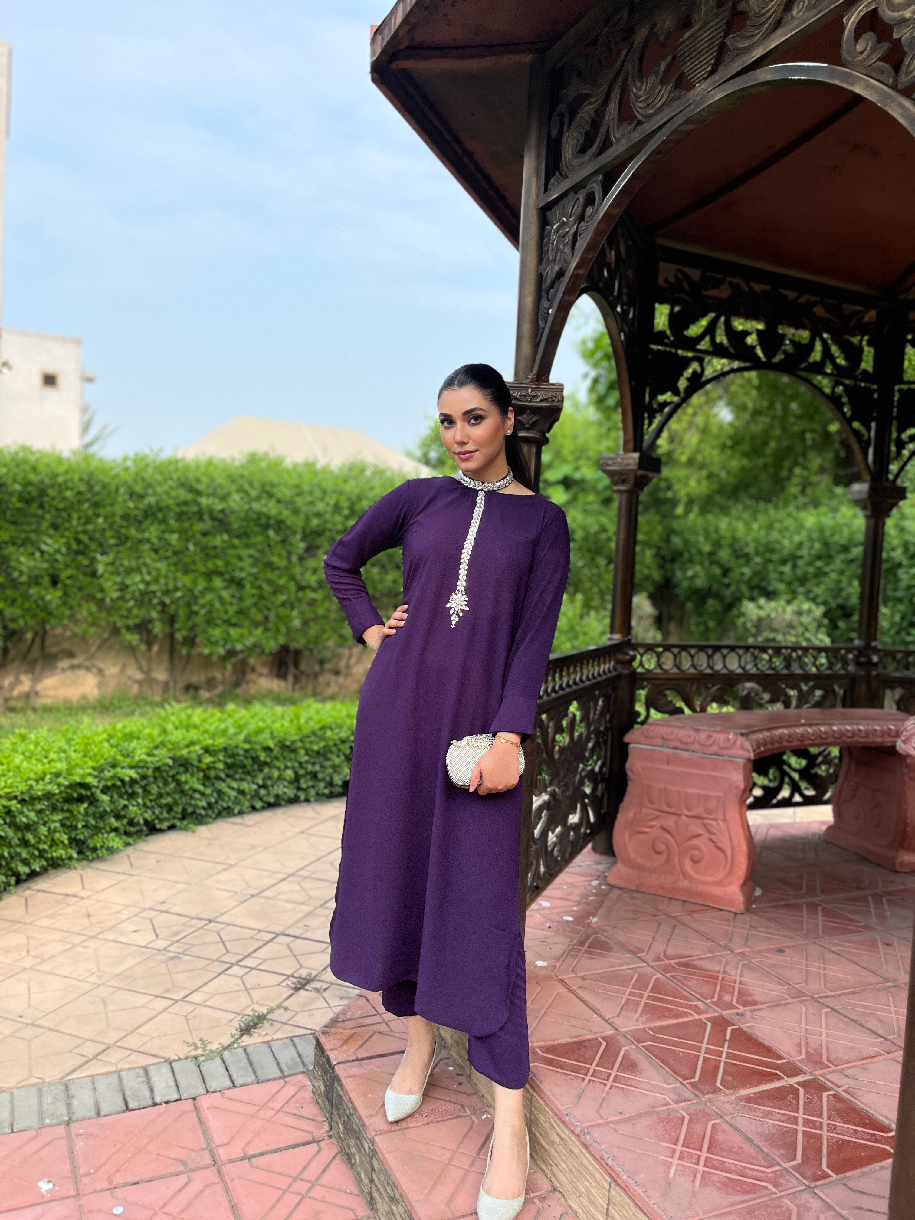 Purple Embellished Stone Momina Ammar