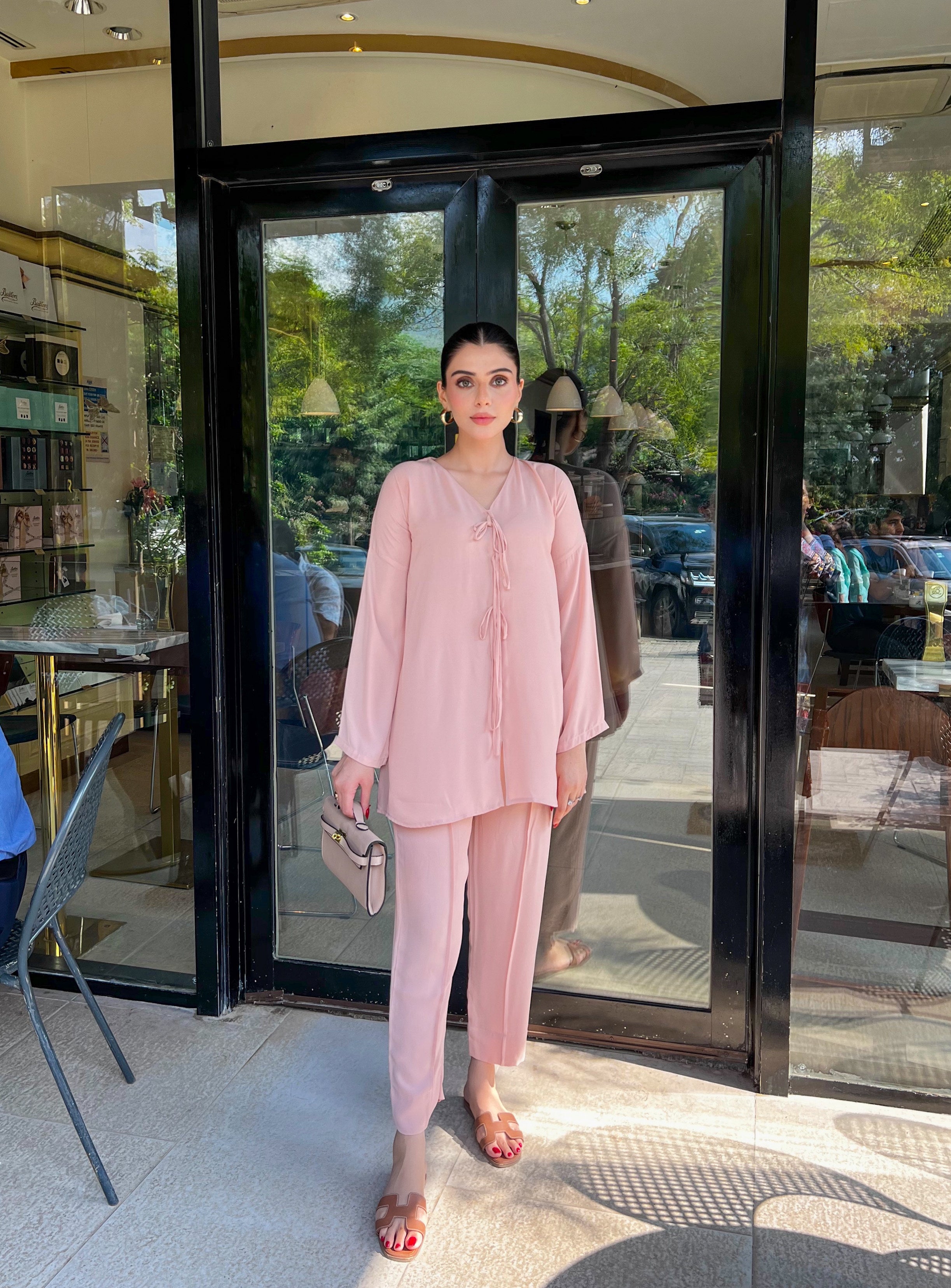 Pastel pink tie knot Co-ord set Momina Ammar