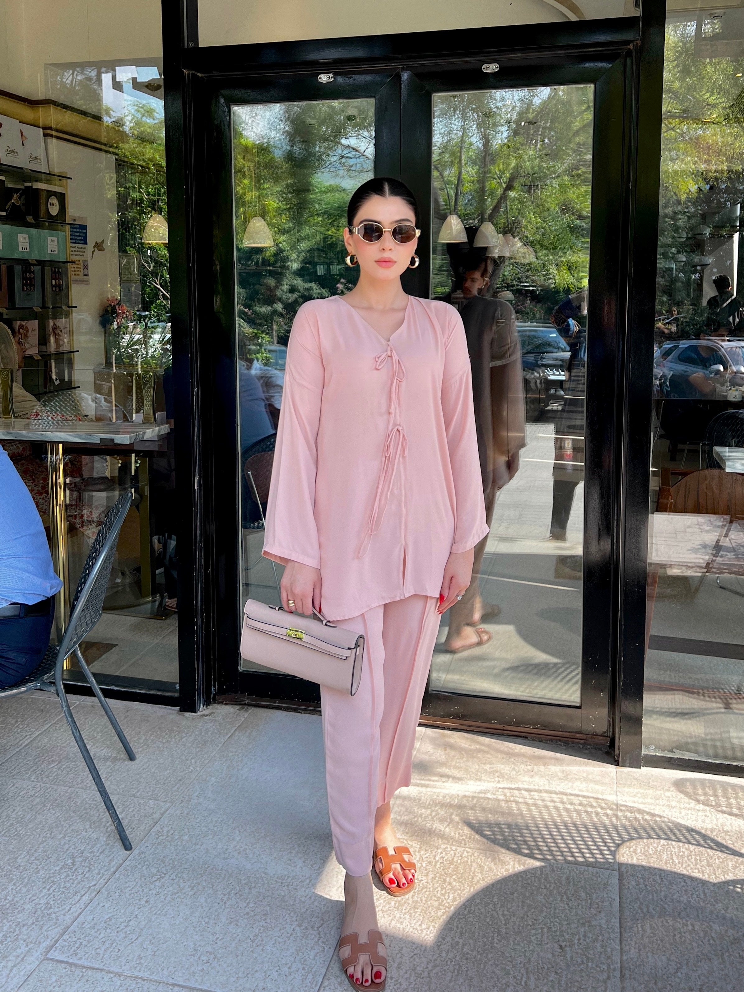 Pastel pink tie knot Co-ord set Momina Ammar