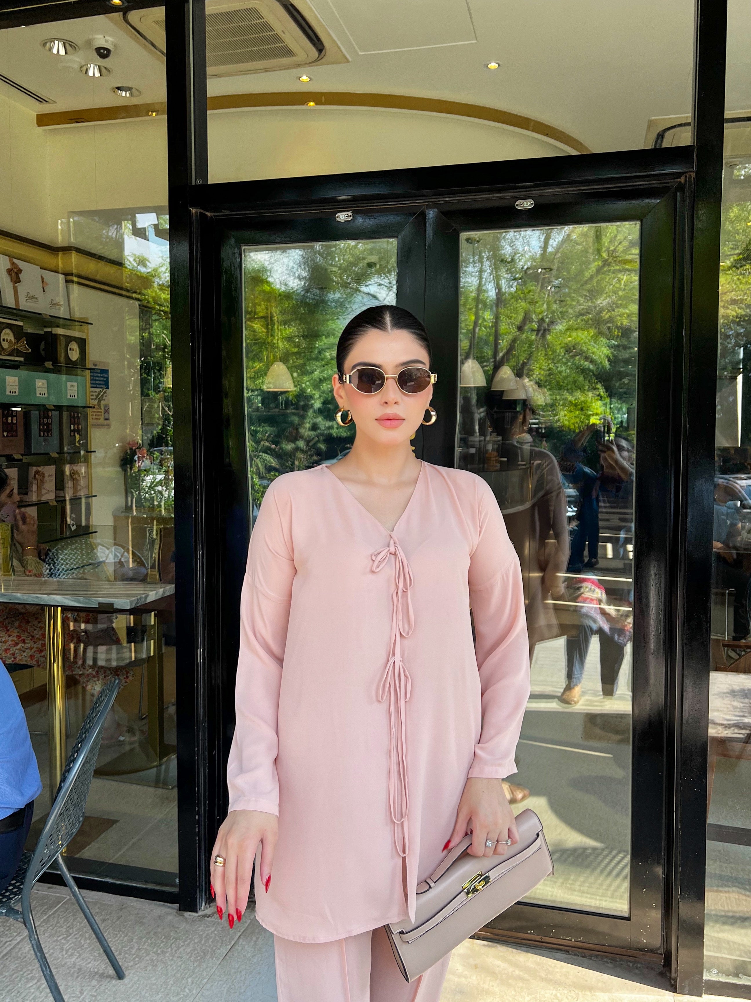 Pastel pink tie knot Co-ord set Momina Ammar