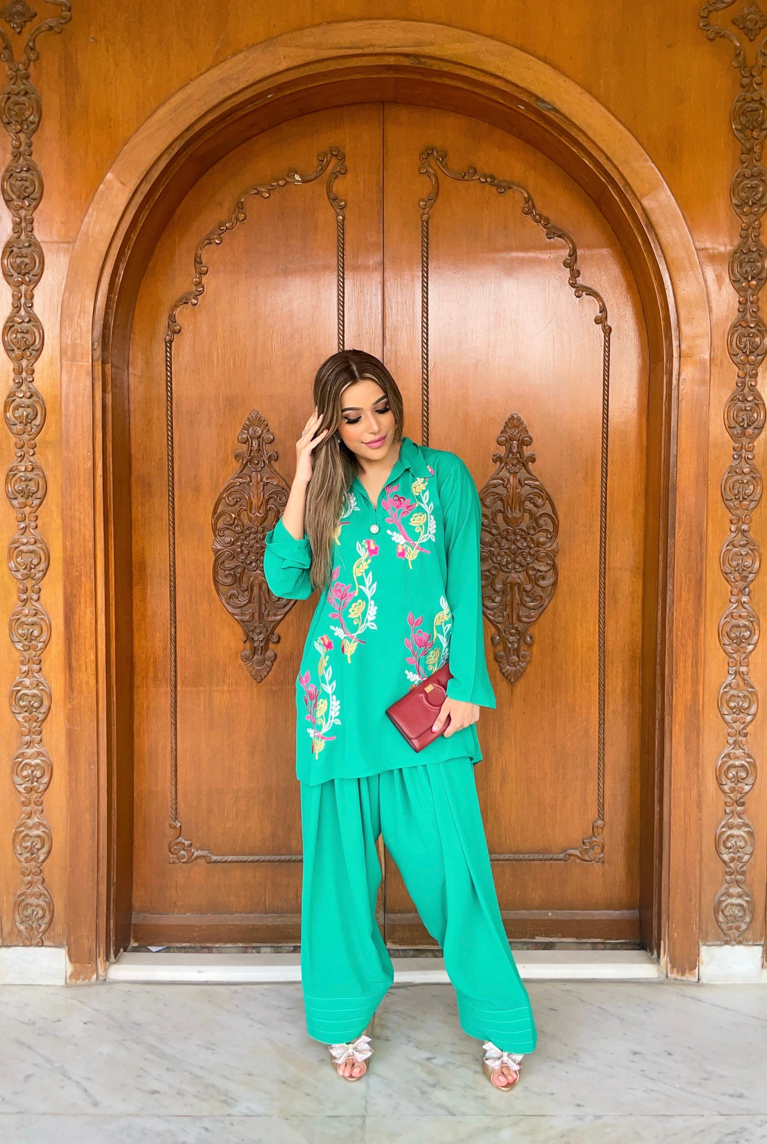 Green Aura Embroidered two pc Momina Ammar