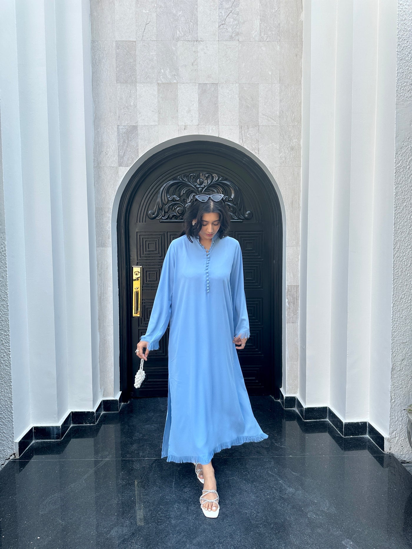 blue dress for baby girl ICE BLUE button+Fringes Momina Ammar blue dress for baby girl ICE BLUE button+Fringes Momina Ammar