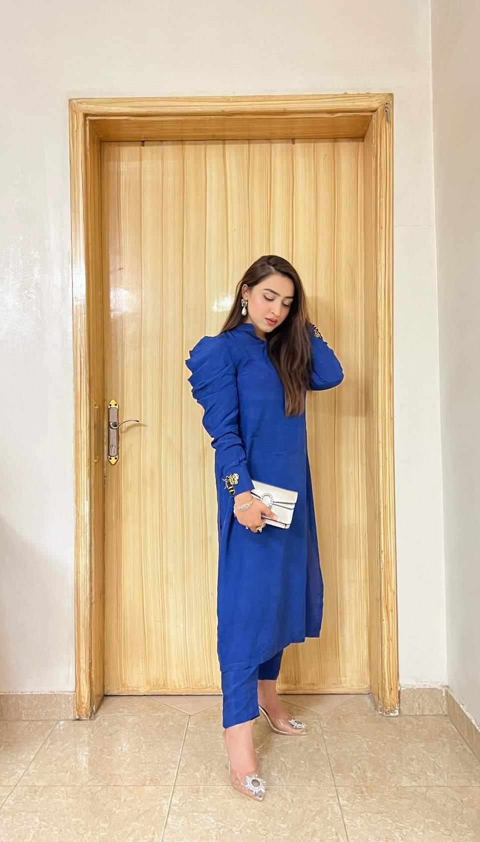 Blue Puffy Sleeves Raw Silk Momina Ammar