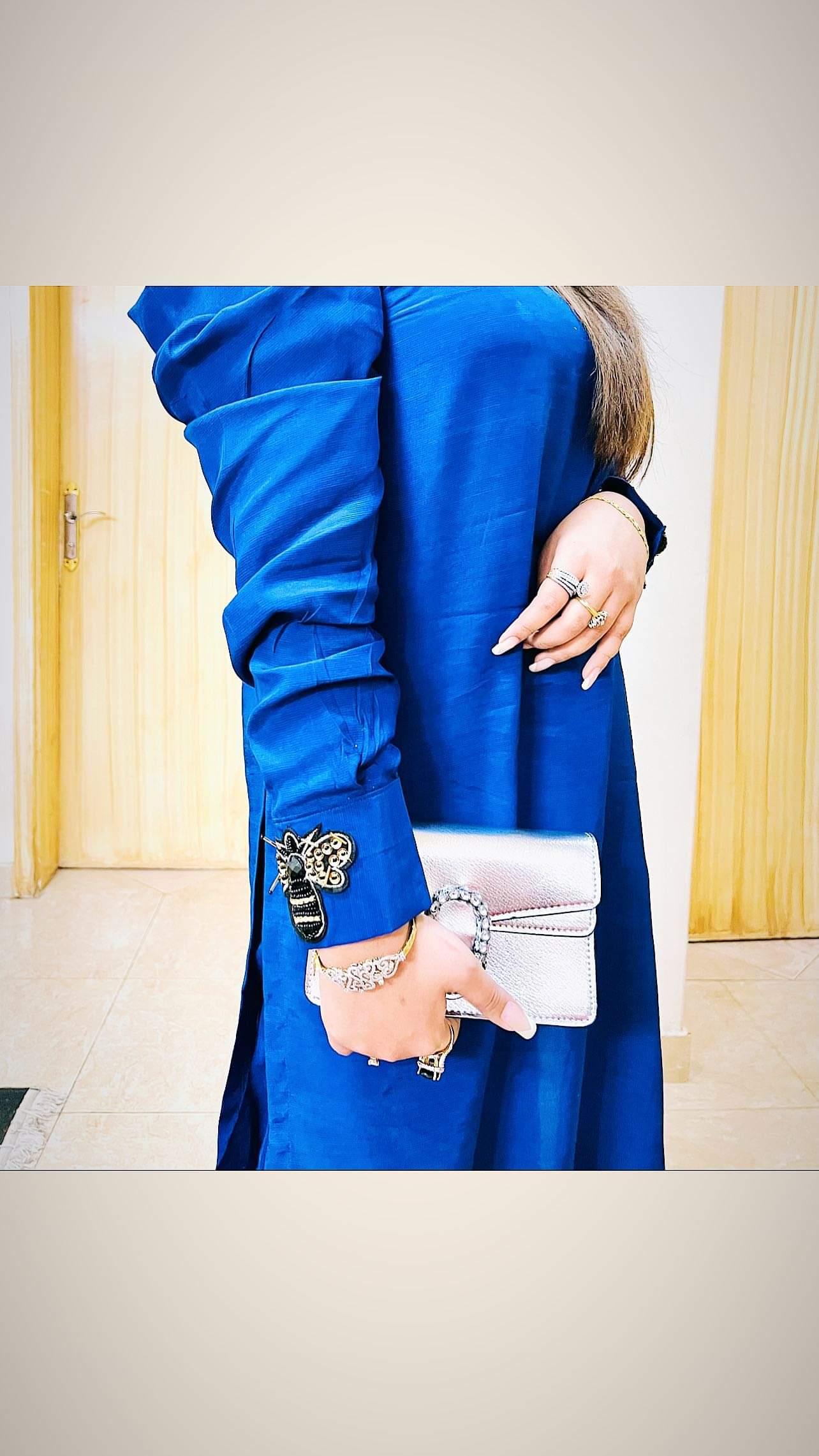 Blue Puffy Sleeves Raw Silk Momina Ammar