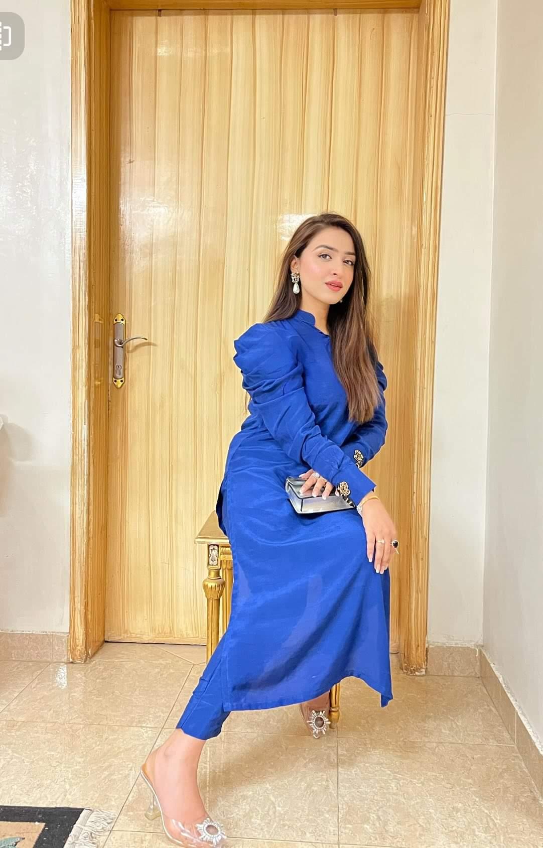 Blue Puffy Sleeves Raw Silk Momina Ammar