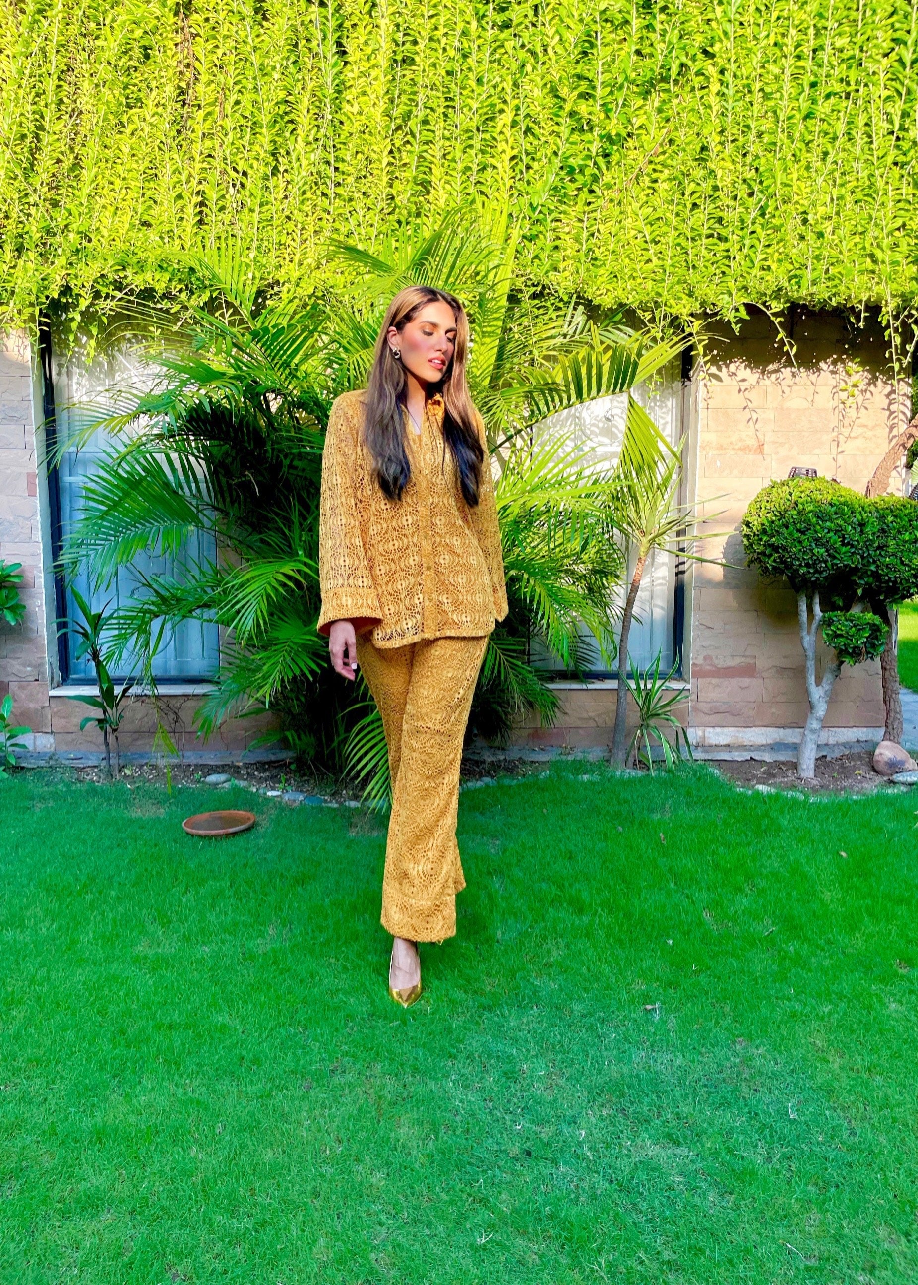 Mustard Crochet Co-Ord set Momina Ammar