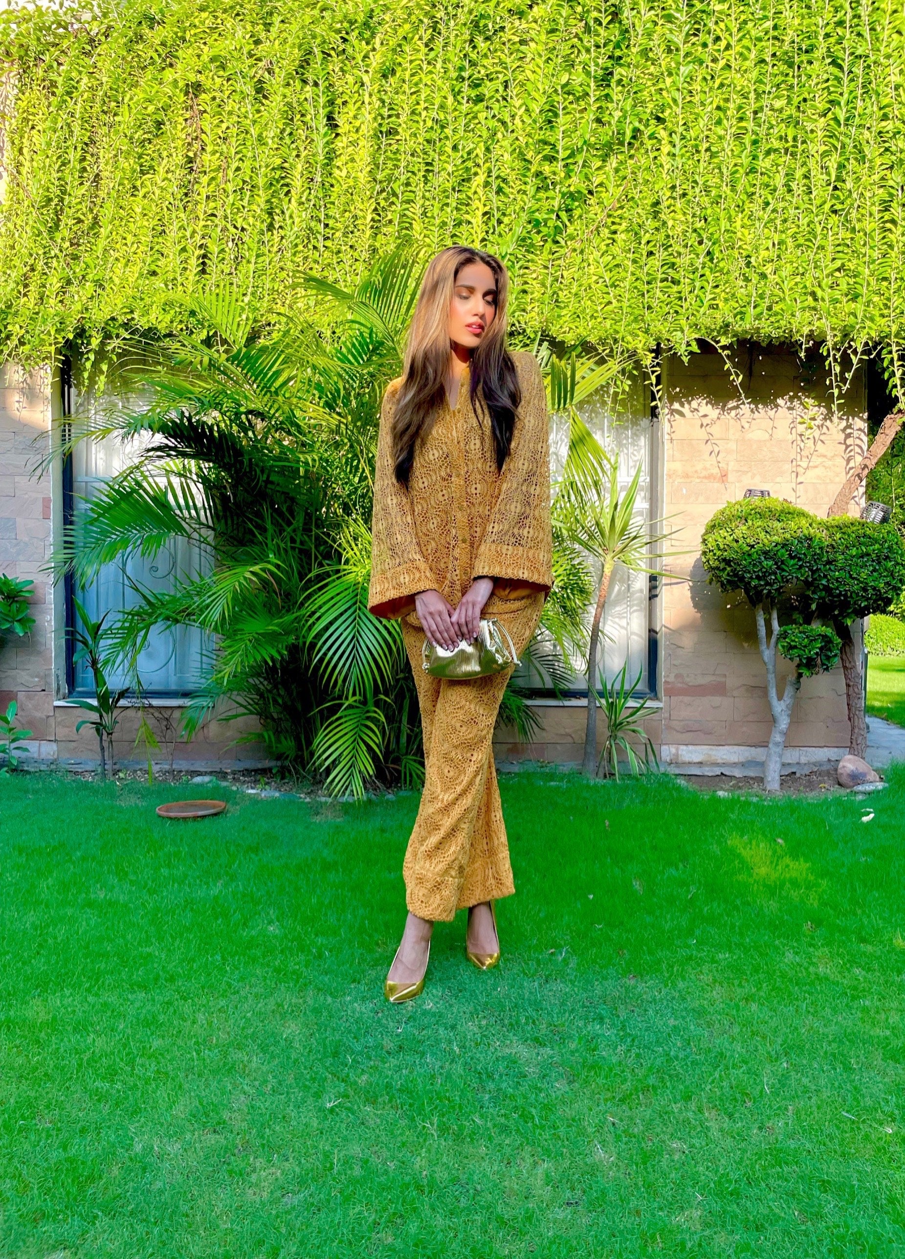Mustard Crochet Co-Ord set Momina Ammar