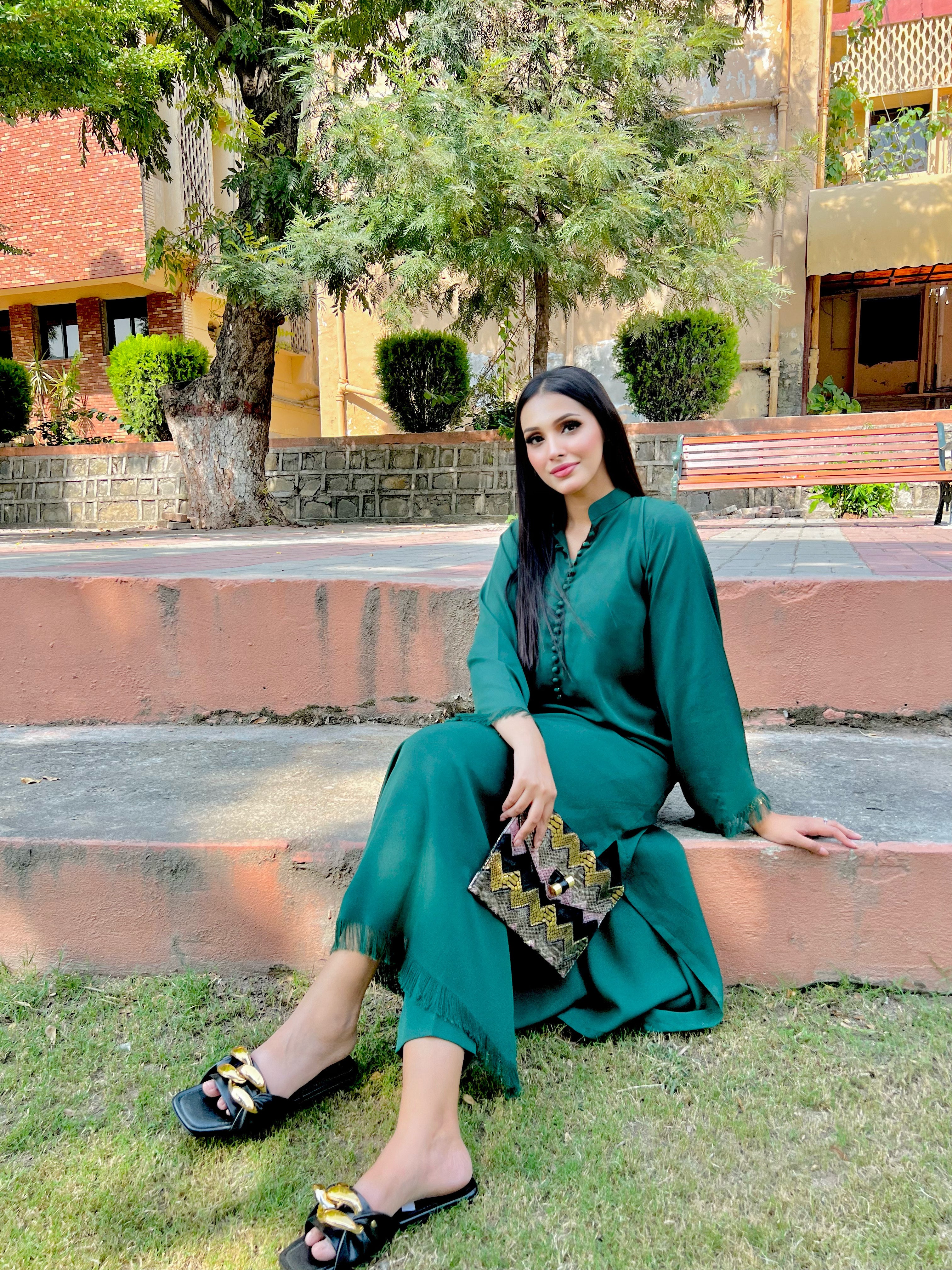 Green button Set+Fringes Momina Ammar