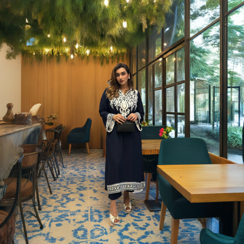 Dark Blue Embroidered