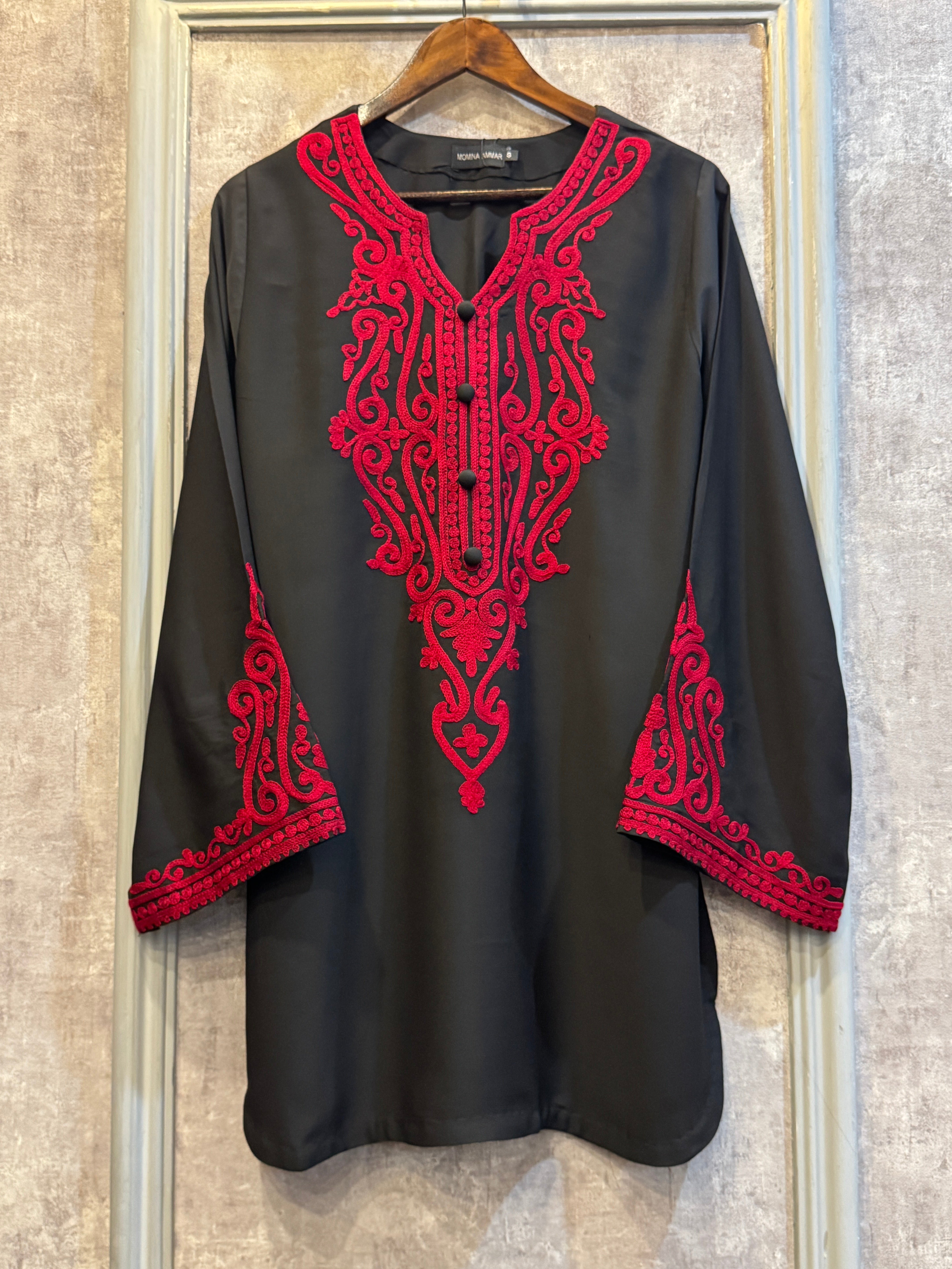 Red on black with balck Farshi shalwar