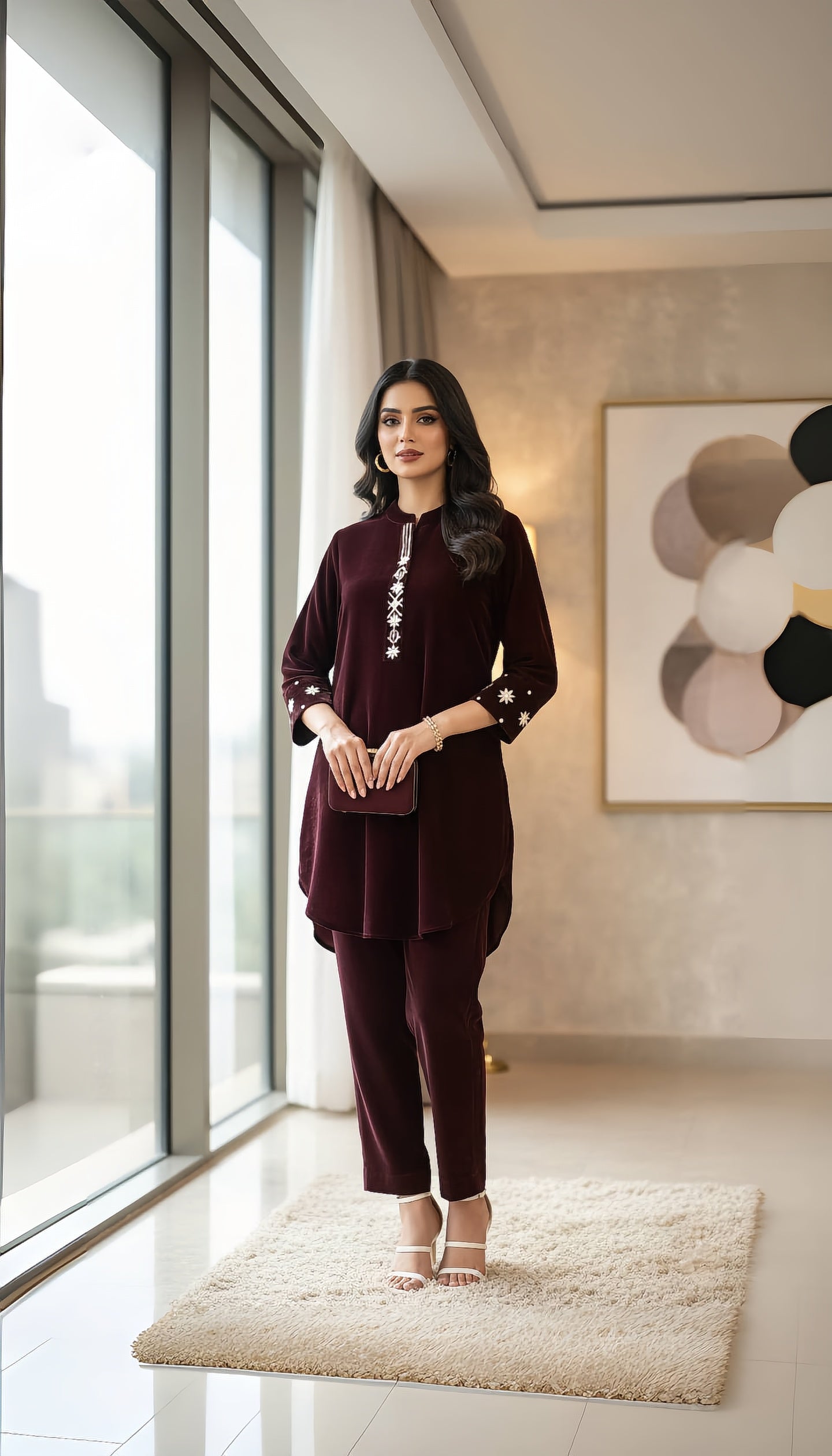 Burgundy Embroidered Velvet Co-ord