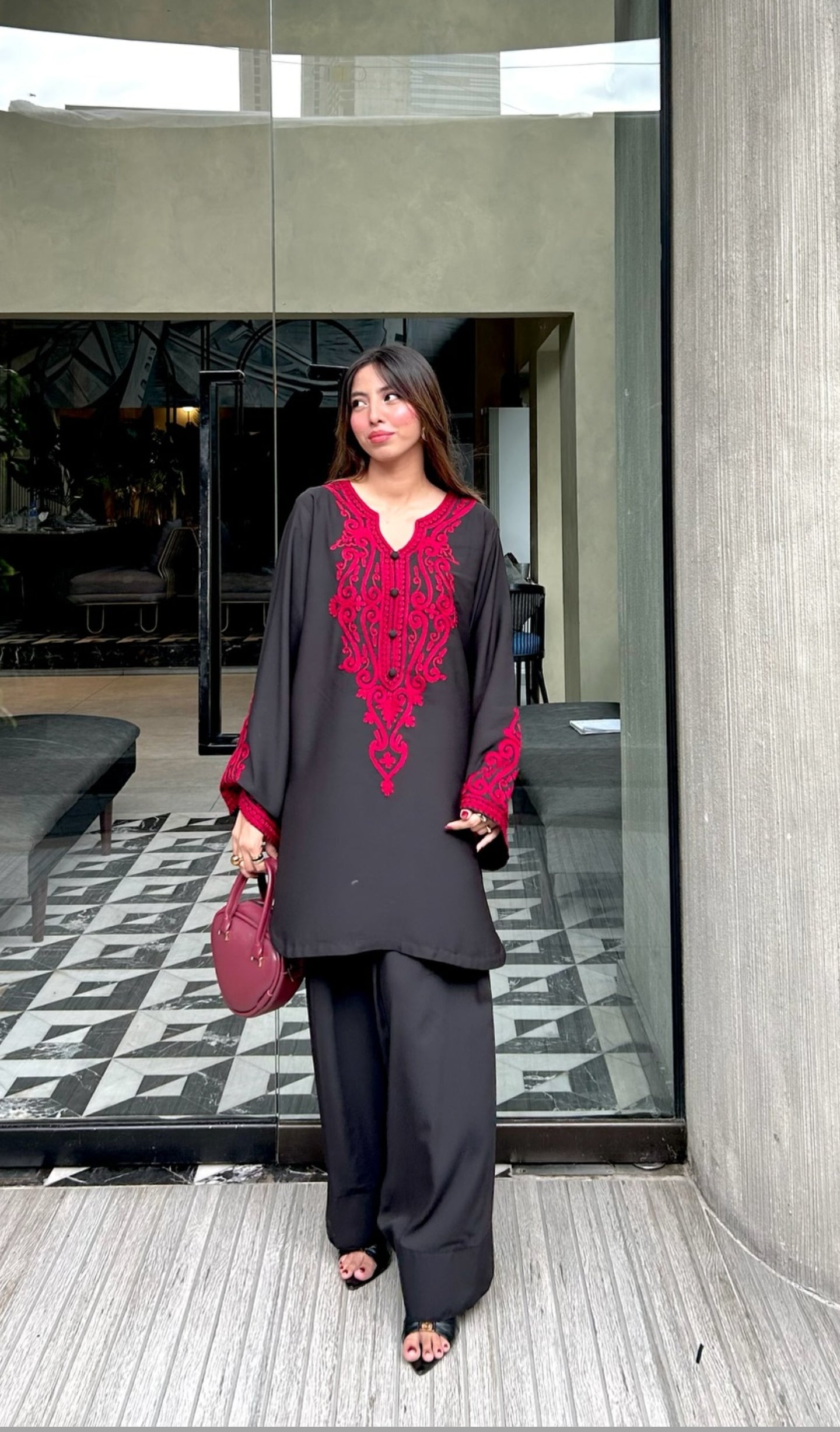 Red on black with balck Farshi shalwar
