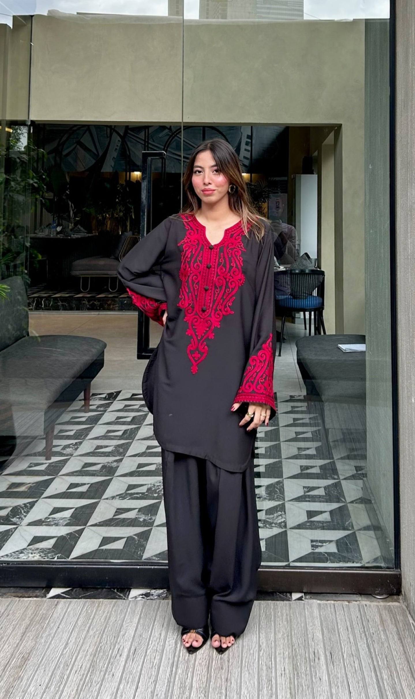 Red on black with balck Farshi shalwar