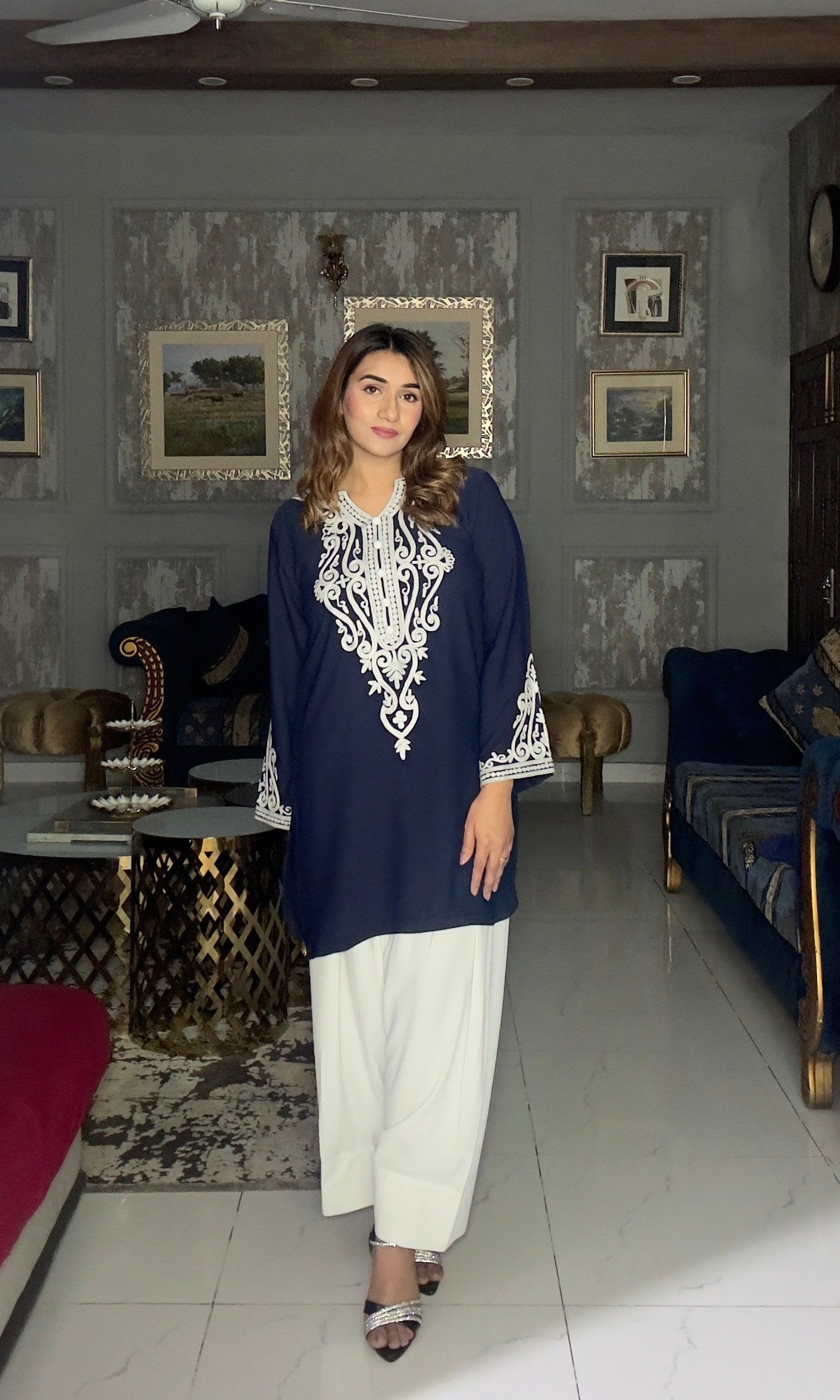 Navy with white Farshi shalwar