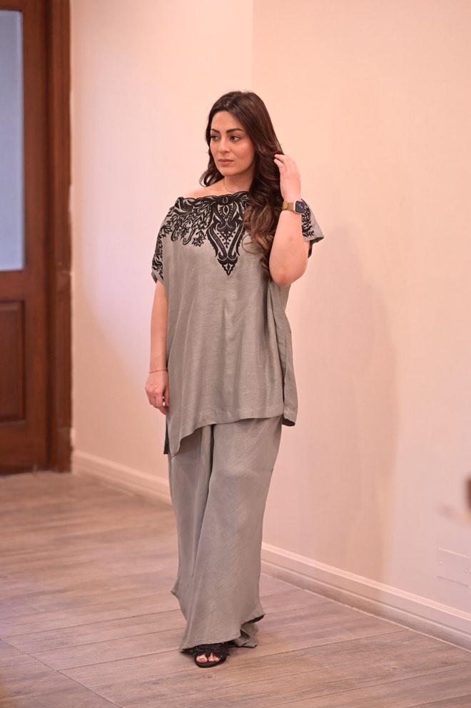 Gray Embroidered Raw Silk