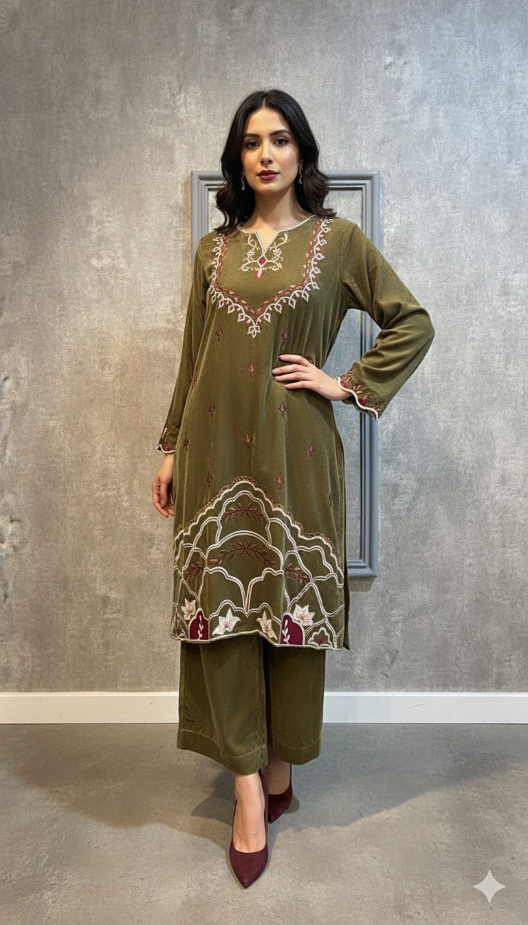 Olive embroidery velvet