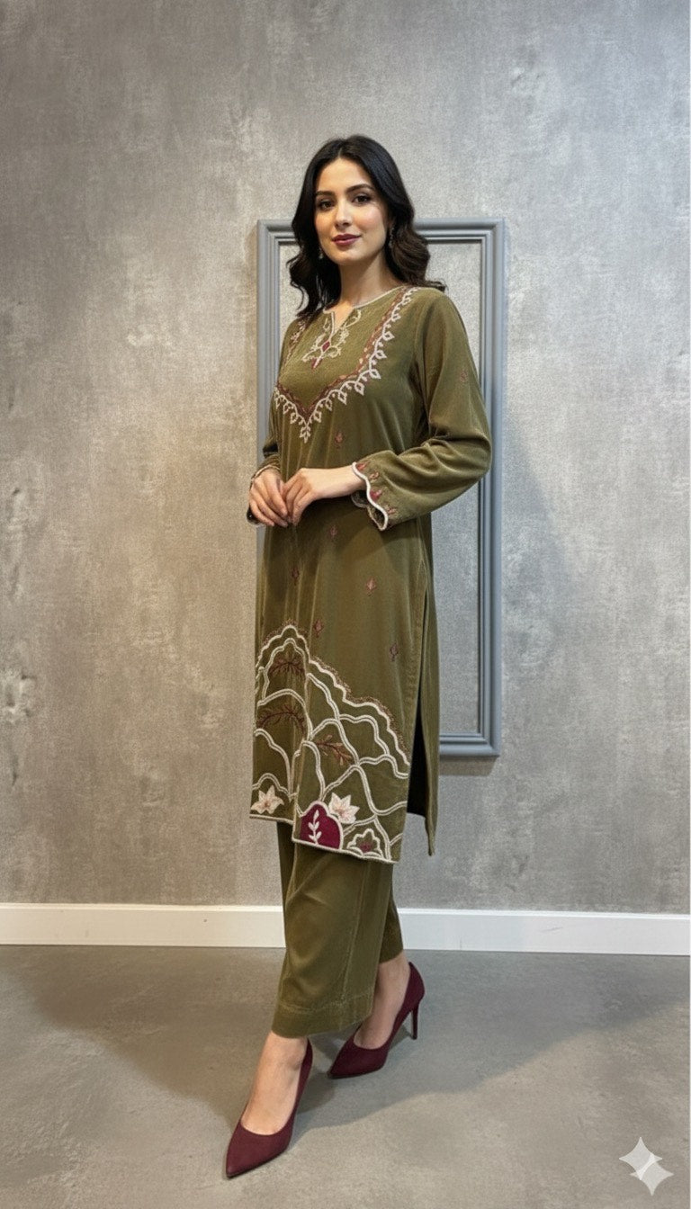 Olive embroidery velvet