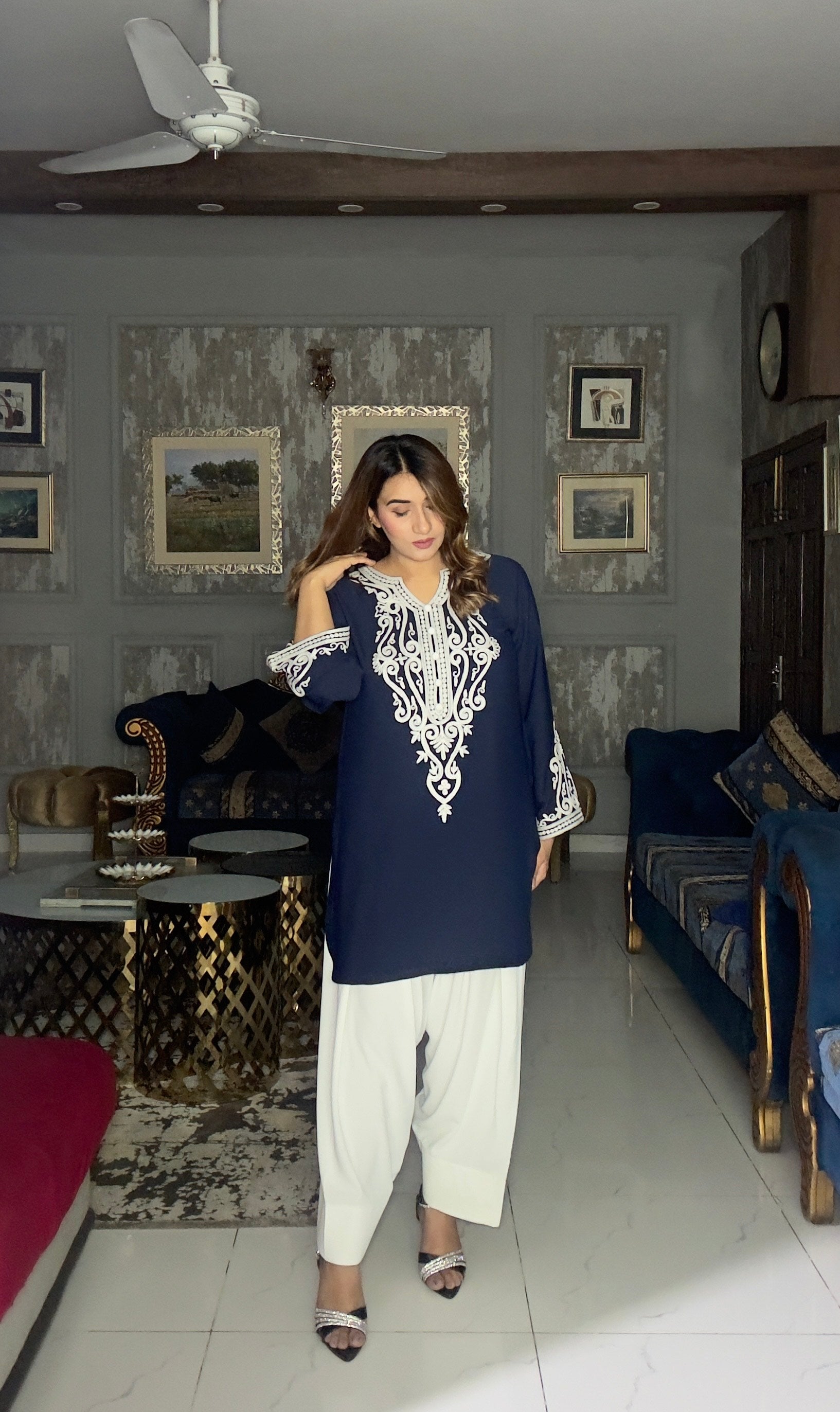 Navy with white Farshi shalwar