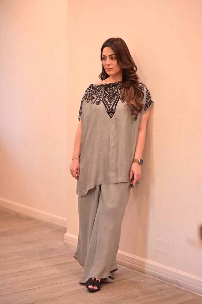 Gray Embroidered Raw Silk