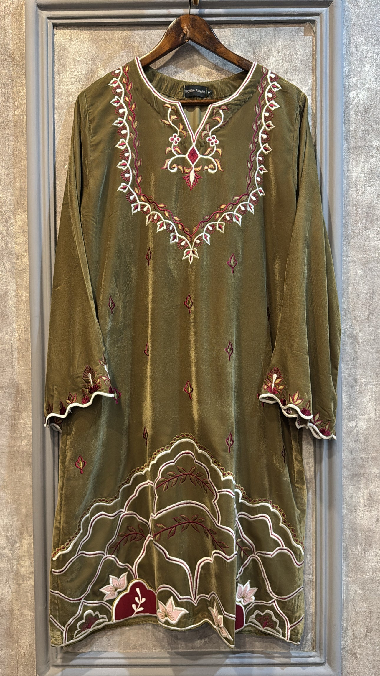 Olive embroidery velvet